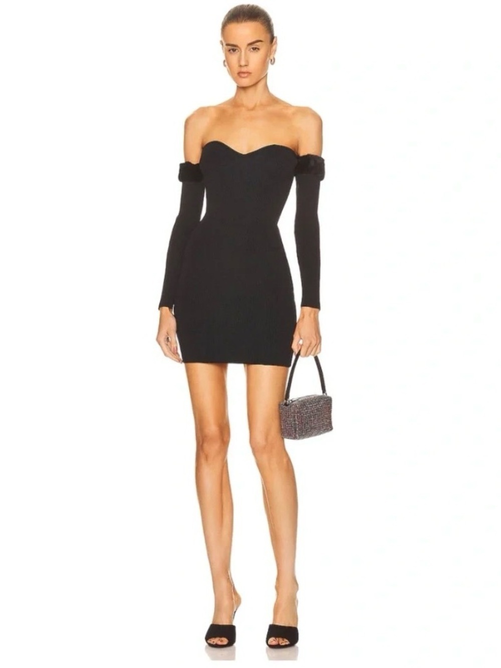Staud Josee Little Black Dress Knit Sweetheart Neckline Faux Fur Mini Small